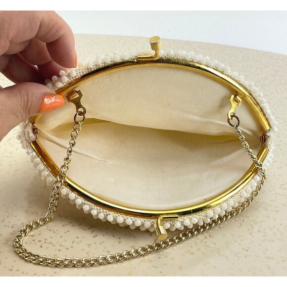 Vintage 50s cream beaded purse, Mid Century clutch, formal event accessory - Picture 7 of 8